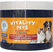 Large plastic jar of Vitality Pets supplement for digestive wellness
